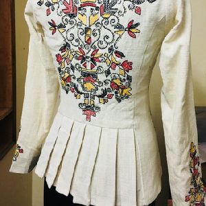 Thread and hand embroidered beige pleated jacket