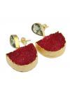 D Red Natural Druzy & Pear Swiss Blue Topaz Gold Plated Drop Earring