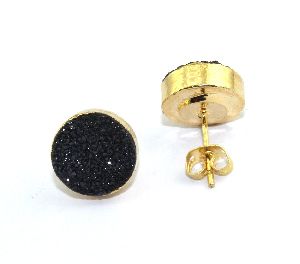 Round Black Natural Sugar Druzy 24k Gold Eletroplated Stud Earring