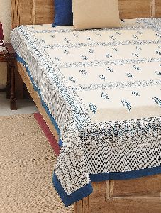 Bed Cover Block Printed Blue Leaf Design With 2 Pillow Cover