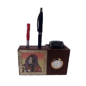 Gem Stone Painting Pen Holder Visiting Card Cum Mobile Holder With Watch