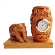 Wooden Elephant With Pen Holder Watch Table top Gift