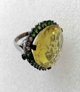 Diamond Ring with Yellow Topaz & Emerald