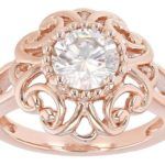 White Round Moissanite Art Deco Anniversary Ring Rose Gold Over Silver