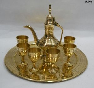 Antique Golden Royal Wine Glass, Surahi and Tray Set Pure Brass Handicraft