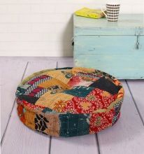 Indian boho vintage kantha stitched patchwork cotton filled ottoman round