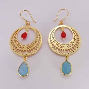 18K Gold Plated Aqua Chalcedony Designer Fashion Dangle Earrings