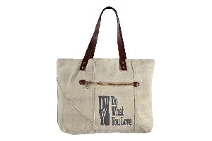 Beautiful Cotton Canvas Handmade Leather Handle Tote Handbag