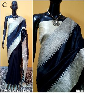 Black Plain Raw Silk Sarees