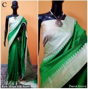 Green Plain Raw Silk Sarees