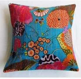 Turquoise Floral Kantha Cushion Cover