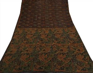 brown colored hand embroidered printed pure silk sari