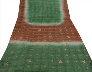 brown & green colored hand embroidered pure silk sari