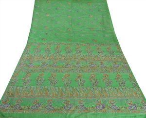 green colored hand embroidered printed pure silk sari