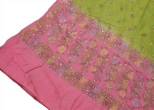 Beautiful pink green colored pure silk hand embroidered woven dupatta