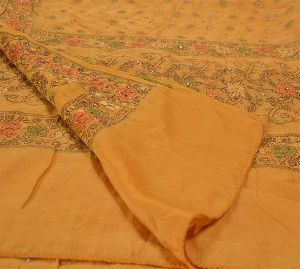 Beautiful saffron colored pure silk hand embroidered woven long dupatta