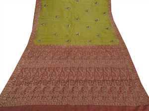 Beautiful green & pink colored hand embroidered pure silk saree