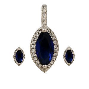 Blue CZ Oval Pendant Earrings Jewelry Set