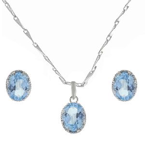 Blue Topaz Gemstone Jewelry Set Pendant Earrings and Silver Chain