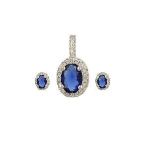 Oval Blue CZ Pendant Earrings Jewelry Set