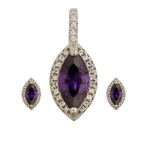 Purple CZ Oval Jewelry Set Pendant Earrings