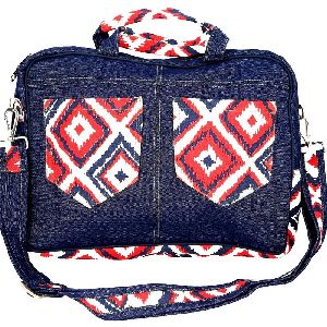 Screen Printed Denim Aztec Cotton Canvas Laptop Bag