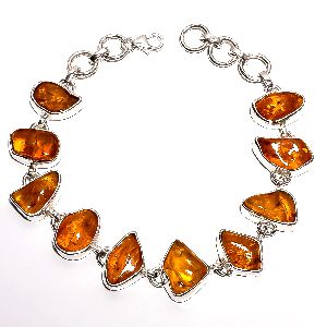 amber raw gemstone silver fish hook bracelet