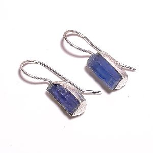 925 Sterling Silver Matt Finished Natural Blue Kyanite Raw Gemstone Dangle Earrings for Girls and Women's