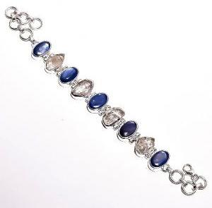 Herkimer Diamond Blue Kyanite Raw Gemstone Silver Bracelet