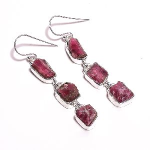 925 Sterling Silver Natural Pink Tourmaline Raw Gemstone Dangle Earrings Supplier