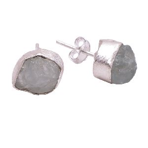 925 Sterling Silver Matt Finished Handcrafted Raw Aquamarine Gemstone Stud Earrings Manufacturer