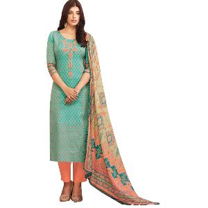 Pure Cotton Embroidered unstitched Salwar suit dress material fabric with pure cotton dyed bottom an