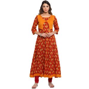 Floral Printed Stitched Party Wear Anarkali Cotton Kurti