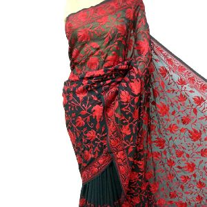 Black Red Floral Embroidered Georgette Sari