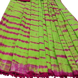 Parrot Green Cotton Saree With Pompom With Blouse Piece