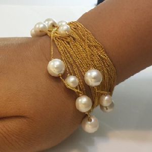 925 Sterling Silver Cubic Zirconia Stunning Yellow Chain Round Pearl Bracelet
