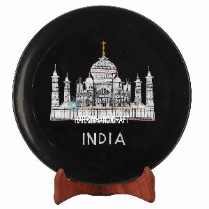 Black Marble Serving Plate Taj Mahal Replica Inlay Work Kitchen Decorative