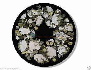 Black Marble Side Coffee Table Top Hand Painted Floral Mosaic