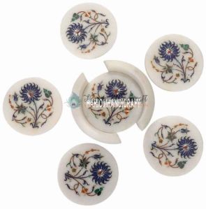 Marble Lapis Stone Coaster Set Semi Precious Inlay