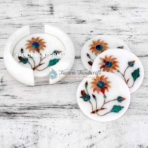 Round Marble Coaster Set Hakik Floral Marquetry Inlay