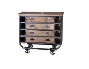 Industrial Metal Wooden Drawer Chest With Wheel