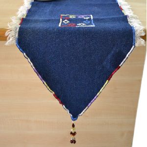 Embroidered Denim Runner with Fringes