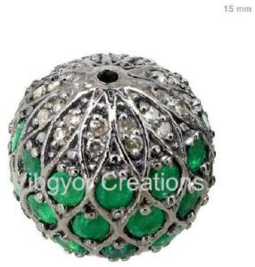 92.5 Solid Sterling Silver Pave Setted Pave Diamond Natural Emerald Bead Ball