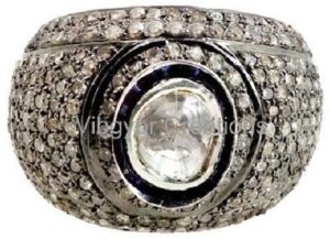 925 Sterling Silver Pave Rosecut Diamond Polki Round Band Fashion Ring Jewelry