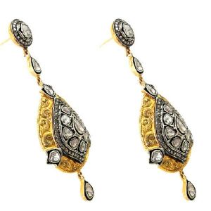 Beautiful Pave Diamond 14k Gold 92.5 Silver Drop Shape Dangle Earring Jewelry