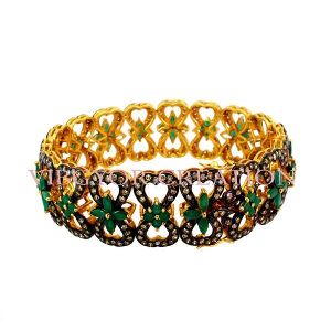 Beautiful pave diamond 14k gold 925 sterling silver emerald gemstone bangle jewelry