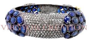 Blue sapphire gemstone pave diamond 925 sterling silver 14k gold bangle jewelry