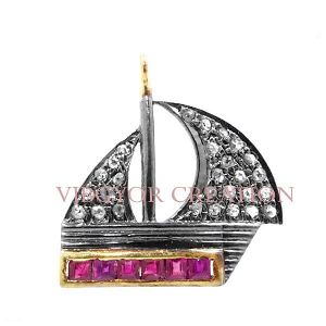 Charm Ship Pave Diamond Locket Gemstone Ruby 925 Silver 14k Gold Pendant Jewelry