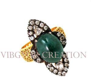 14k Gold Pave Diamond Emerald 925 Sterling Silver Ring