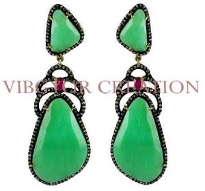 Ruby Emerald Jhumki Stud 14kGold Pave Diamond Earrings 925 Silver Jewelry